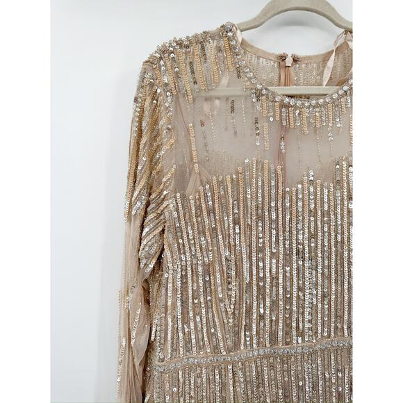 Mac Duggal Gold Sequined Illusion High Neck Long Sleeve Trumpet Gown Size 14 - Picture 4 of 9